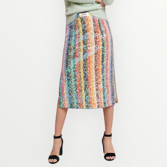 Anthropologie Maeve Rainbow Sequined Midi Skirt - Picture 2 of 9